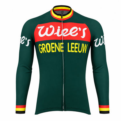 Wiel’s Groene Leeuw Retro Long Sleeve Cycling Jersey – Green front view