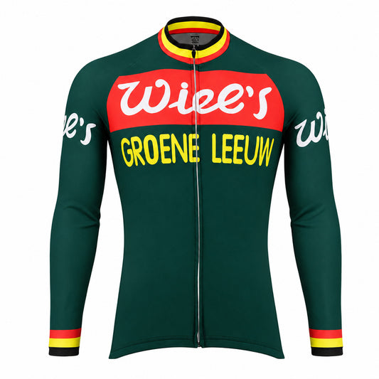 Wiel’s Groene Leeuw Retro Long Sleeve Cycling Jersey – Green front view